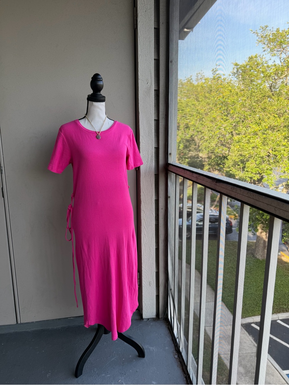 Anthropologie Bright Pink Women’s Midi Bodycon Dress with Side Tie Cotton